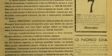 A Nosa Terra do 25 de xullo de 1920 convócase por vez primeira a celebración do dia de galicia.